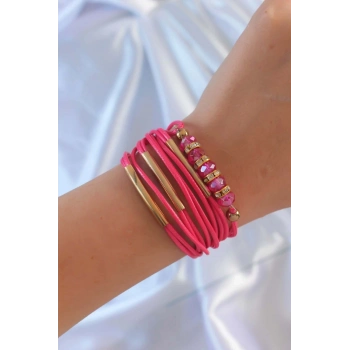 Pembe Renk Zirkon Taşlı Metal Aksesuarlı İpli Çoklu Bileklik