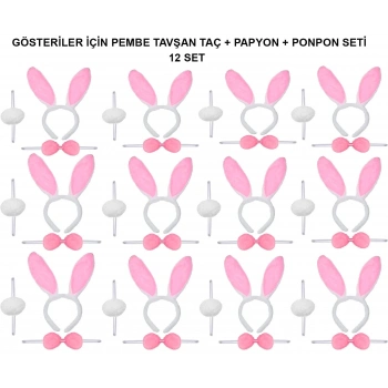 Pembe Tavşan Kostüm Seti – Taç, Papyon, Ponpon (12’li Paket)