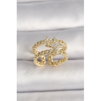 Pirinç Gold Renk 2Li Zincir Zirkon Taşlı Yıldız Figür Kadın Yüzük