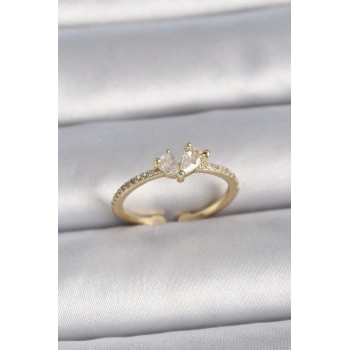 Pirinç Gold Renk Ayarlanabilir Zirkon Taşlı Kalp Model Kadın Yüzük