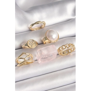 Pirinç Gold Renk Beyaz İncili Zincir Yüzük Figür İşleme Detay 6Lı Kadın Yüzük Seti