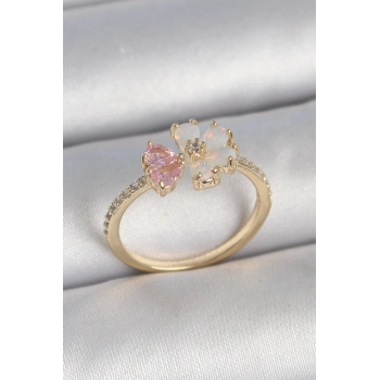 Pirinç Gold Renk Beyaz Mineli Pembe Zirkon Taşlı Çiçek Model Kadın Yüzük