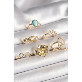 Pirinç Gold Renk Çiçek Model Model Sonsuzluk Zirkon Taş Detaylı 6Lı Kadın Yüzük Seti