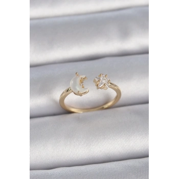 Pirinç Gold Renk İncili Hilal Zirkon Taşlı Yıldız Ayarlanabilir Model Kadın Yüzük