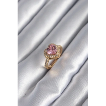 Pirinç Gold Renk Pembe Zirkon Taşlı Charm Kalp Model Kadın Yüzük