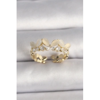 Pirinç Gold Renk Zirkon Taş Detaylı Beyaz Mineli Kelebek Model Ayarlanabilir Yüzük