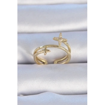 Pirinç Gold Renk Zirkon Taşlı Yıldız Model Kadın Yüzük