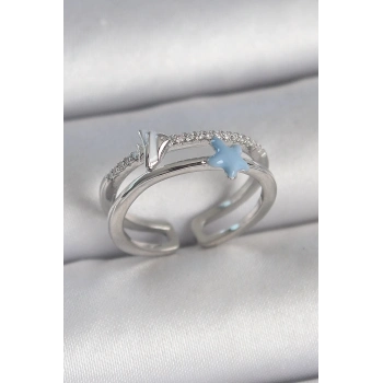 Pirinç Gümüş Renk 2Li Zirkon Taşlı Mavi Yıldız Figür Ayarlanabilir Kadın Yüzük