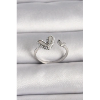 Pirinç Gümüş Renk Beyaz Mineli İnci Detaylı Kalp Model Ayarlanabilir Yüzük