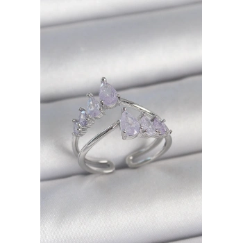 Pirinç Gümüş Renk Mor Damla Zirkon Taşlı Taç Model Kadın Yüzük