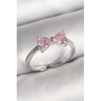 Pirinç Gümüş Renk Pembe Zirkon Taşlı Kalp Fiyonk Model Kadın Yüzük