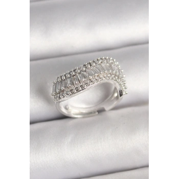 Pirinç Gümüş Renk Su Yolu Zirkon Dalga Model Ayarlanabilir Kadın Yüzük