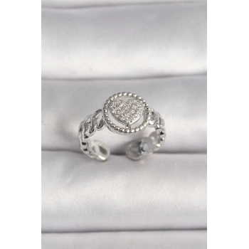 Pirinç Gümüş Renk Zincir Model Zirkon Taşlı Kalp Model Kadın Yüzük