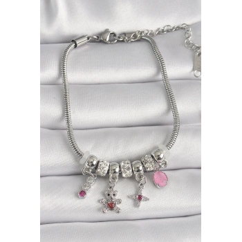 Pirinç Gümüş Renk Zincir Sallantı Zirkon Taşlı Ayıcık Figür Yıldız Detay Kadın Bileklik