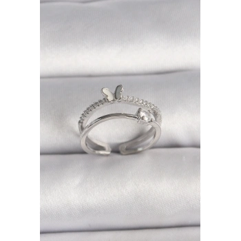 Pirinç Gümüş Renk Zirkon Taşlı Kelebek Figürlü Ayarlanabilir Yüzük