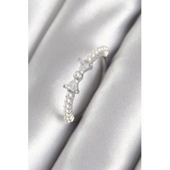 Pirinç Gümüş Renk Zirkon Taşlı Kurdele Model İnci Detay Kadın Yüzük
