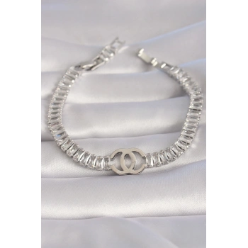 Pirinç Gümüş Renk Zirkon Taşlı Su Yolu Model VIP Seri Kadın Bileklik