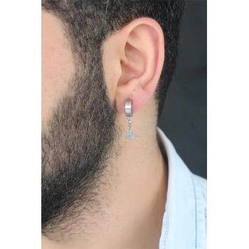 Silver Renk Kaplama Osmanlı Tuğra Figürlü Kıstırmalı Çelik Erkek Küpe