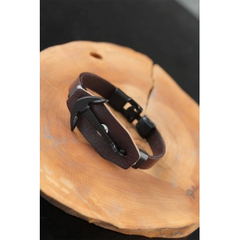 Siyah Deniz Çapalı Çelik Aksesuarlı Kahverengi Deri Erkek Bileklik