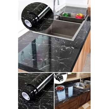 Siyah Yapışkanlı Kaplama Kağıdı Mermer Desenli Büyük Boy 5 Metre