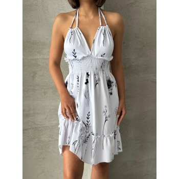 TAVSİYE EDİLEN GÜVENLİ SATICI Askılı Çiçek Desenli Fırfırlı Yazlık Kadın Elbise – Bel Lastikli