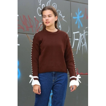 TAVSİYE EDİLEN GÜVENLİ SATICI Boncuklu bile detaylı kazak kahve