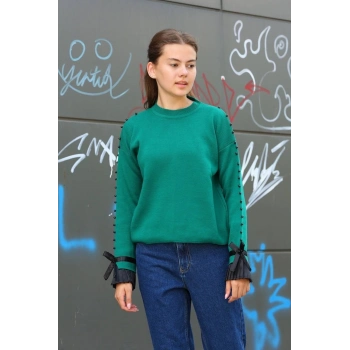 TAVSİYE EDİLEN GÜVENLİ SATICI Boncuklu bile detaylı kazak petrol yeşili