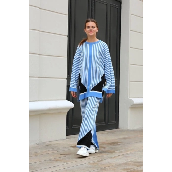 TAVSİYE EDİLEN GÜVENLİ SATICI Çizgili bisiklet yaka triko takım Mavi