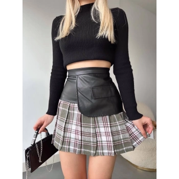 TAVSİYE EDİLEN GÜVENLİ SATICI Deri garnili cepli ekose etek siyah s24604