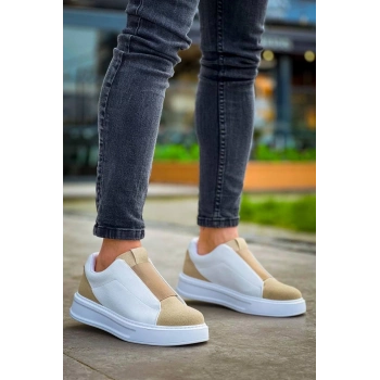 TAVSİYE EDİLEN GÜVENLİ SATICI KB-007  Kuback  Beyaz Bej Yüksek Taban Tek Bant Bağcıksız Günlük Erkek Ayakkabı