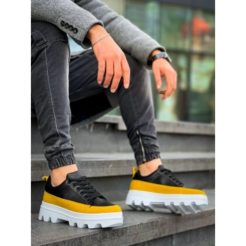 TAVSİYE EDİLEN GÜVENLİ SATICI KB-056 Kuback Siyah Sarı Detaylı Beyaz Yüksek Taban Günlük Spor Ayakkabı