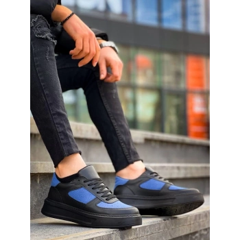 TAVSİYE EDİLEN GÜVENLİ SATICI KB-X8 Kuback Siyah Cilt Mavi Süet Detaylı Siyah Yüksek Taban Günlük Spor Ayakkabı