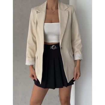 TAVSİYE EDİLEN GÜVENLİ SATICI Kolu Çizgili Keten Kadın Ceket