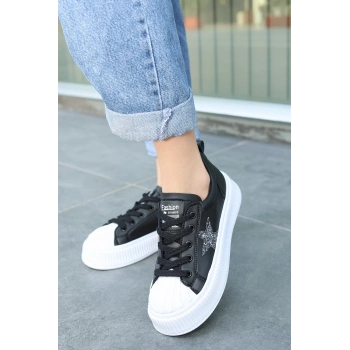 TAVSİYE EDİLEN GÜVENLİ SATICI Piata Siyah Cilt Beyaz Tabanlı Bağcıklı Spor Ayakkabı