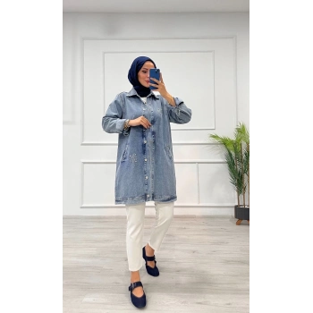 TAVSİYE EDİLEN GÜVENLİ SATICI Taşlı tunik ceket kar yıkamalı mavi d2516
