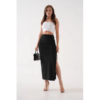 TAVSİYE EDİLEN GÜVENLİ SATICI Uzun yırtmaçlı ince kumaş etek siyah