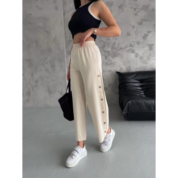 TAVSİYE EDİLEN GÜVENLİ SATICI Yan Düğmeli Bol Paça Lastikli Yazlık Pantolon