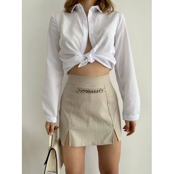 TAVSİYE EDİLEN GÜVENLİ SATICI Zincir detaylı çizgili şort etek