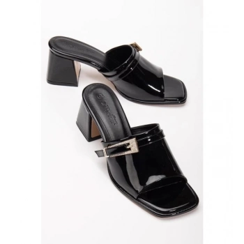 TAVSİYE EDİLEN GÜVENLİ SATICI Ziva Siyah Rugan Topuklu Terlik