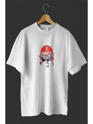 1 Mayıs Emek ve Dayanışma Günü Baskılı Oversize Bisiklet Yaka T-shirt - Beyaz