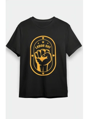 1 Mayıs Labor Day Emekçi Temalı Baskılı Oversize Bisiklet Yaka T-shirt - Siyah