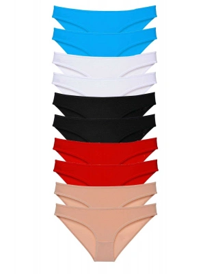 10 adet Süper Eko Set Likralı Kadın Slip Siyah Kırmızı Ten Beyaz Mavi