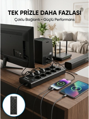 10 Prizli USB Destekli Çoklu Priz Type-C Şarj Girişli Güvenli Güç Ünitesi