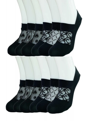 12 Adet Önü Transparan Kadın Fantezi Desenli Babet Çorap