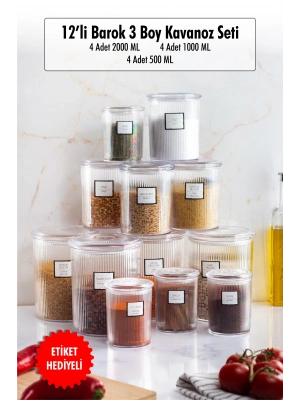 12li Barok Yuvarlak 3 Boy Kavanoz Seti & Saklama Kabı & Erzak Kabı (4*2000 ML, 4*1000 ML, 4*500 ML)