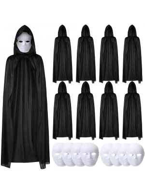 120 Cm Siyah Kapüşonlu Pelerin Ve Boyanabilir Karton Maske 8’li Set