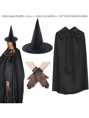 120 Cm Siyah Yakalı Cadı Pelerini Cadı Şapkası Ve 1 Çift Siyah Kısa File Tüm Eldiven Seti 3 Parça