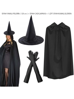 120 Cm Siyah Yakalı Cadı Pelerini Cadı Şapkası Ve 1 Çift Siyah Kumaş Eldiven Seti 3 Parça