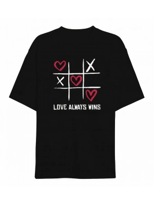 14 Şubat Sevgililer Günü Love Always Wins Baskılı Oversize Bisiklet Yaka T-shirt - Siyah