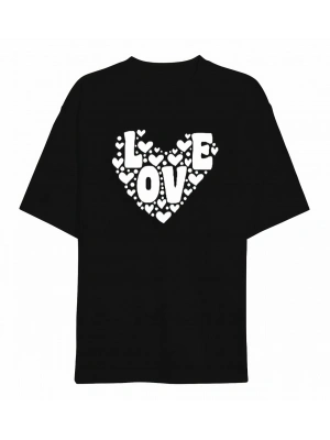 14 Şubat Sevgililer Günü Love Kalp Baskılı Oversize Bisiklet Yaka T-shirt - Siyah